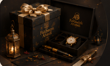 The Fakheem Afandi signature collection — gift box, watch and accessories in black and gold